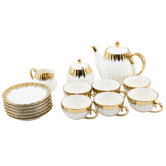 White & Gold Drip Design Coffee Cup Collection - 17 PCS Fine Porcelain