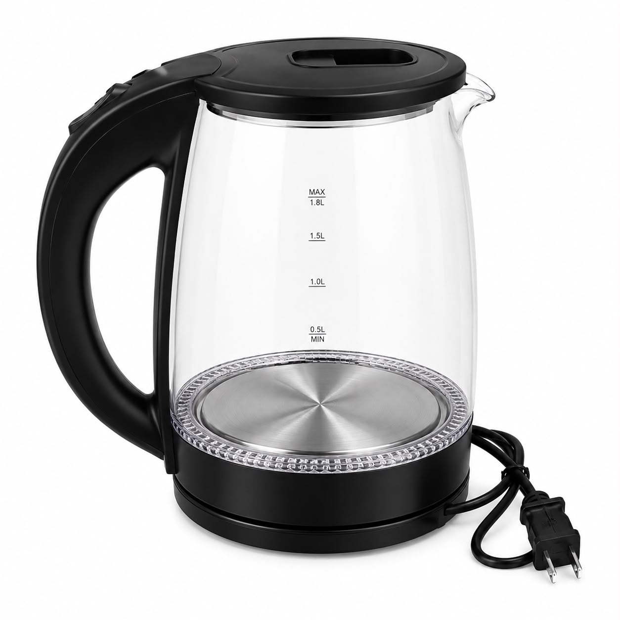 1.8L Electric Glass Water Kettle with Stainless Steel Base and Auto Shut-Off