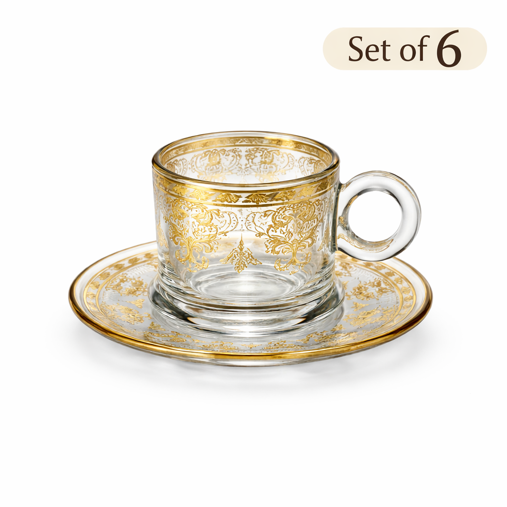 Glass Tea Cups and Saucer Set With Gold and Silver Design 6-Piece