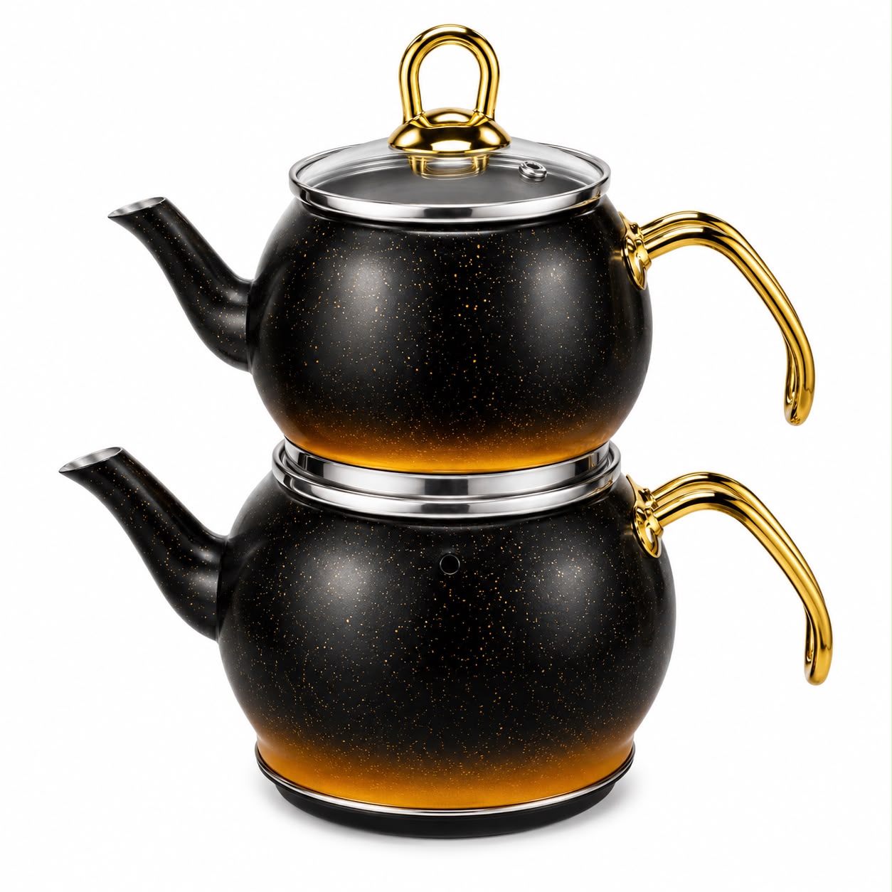 Luxury 2-Piece Black Speckled Turkish Tea Kettle Set – Stainless Steel with Glass Lid 2 / 1.2 Liter