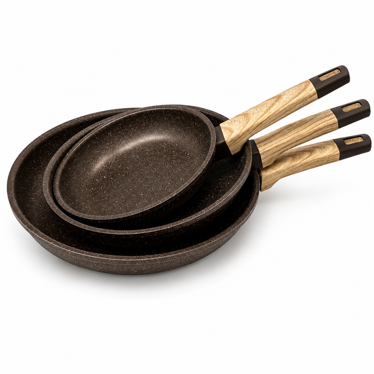 Granite Nonstick Frying Pan Set with Wood Grain Handles- Brown