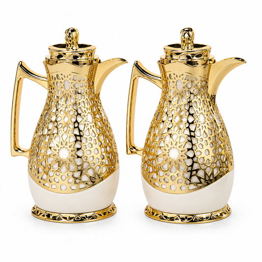 Gold & Ivory Arabic Dallah Thermal Flask Set - 1.0L + 1.0L