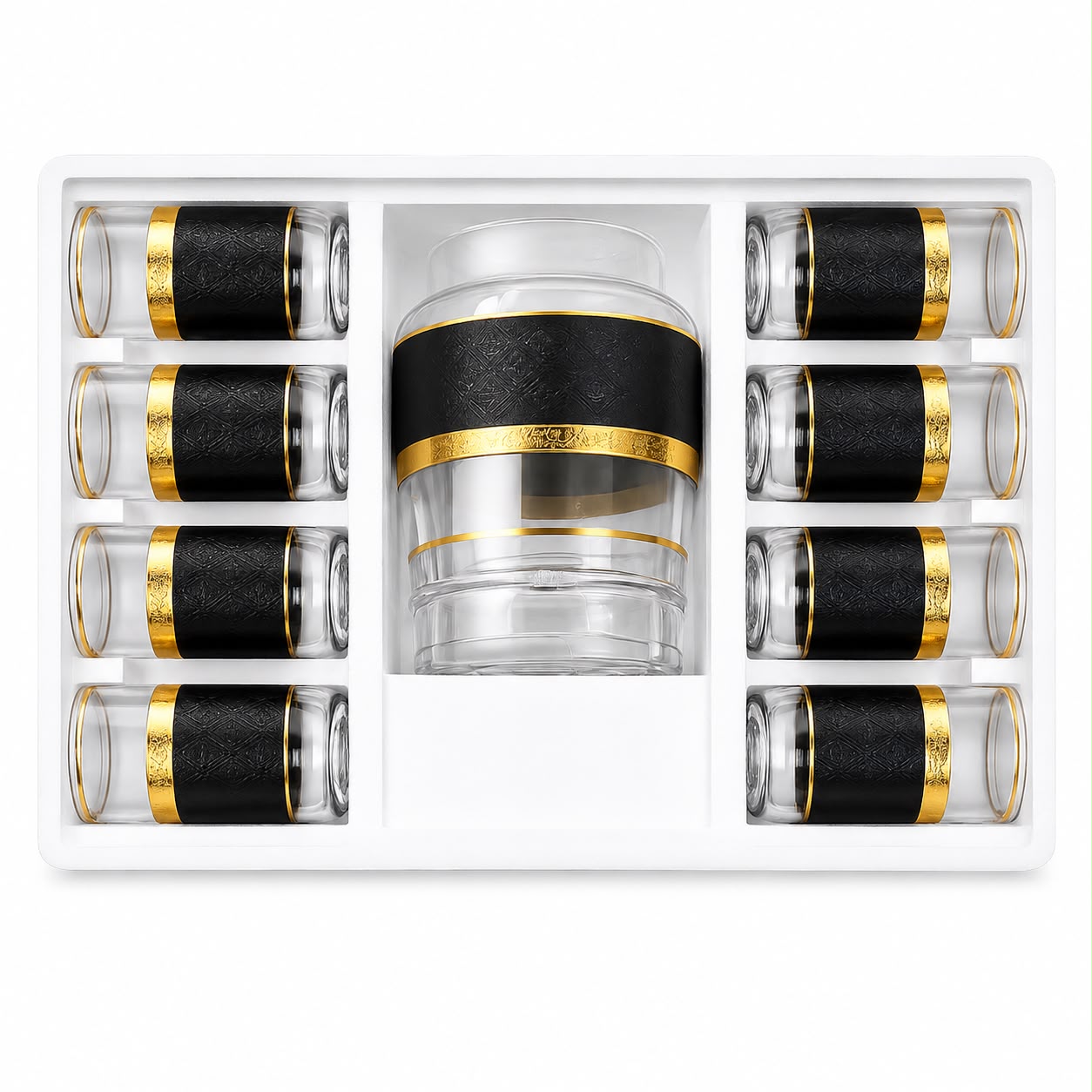 Modern 7-Piece Glass Juice & Water Serving Set – Black & Gold Embossed Pattern