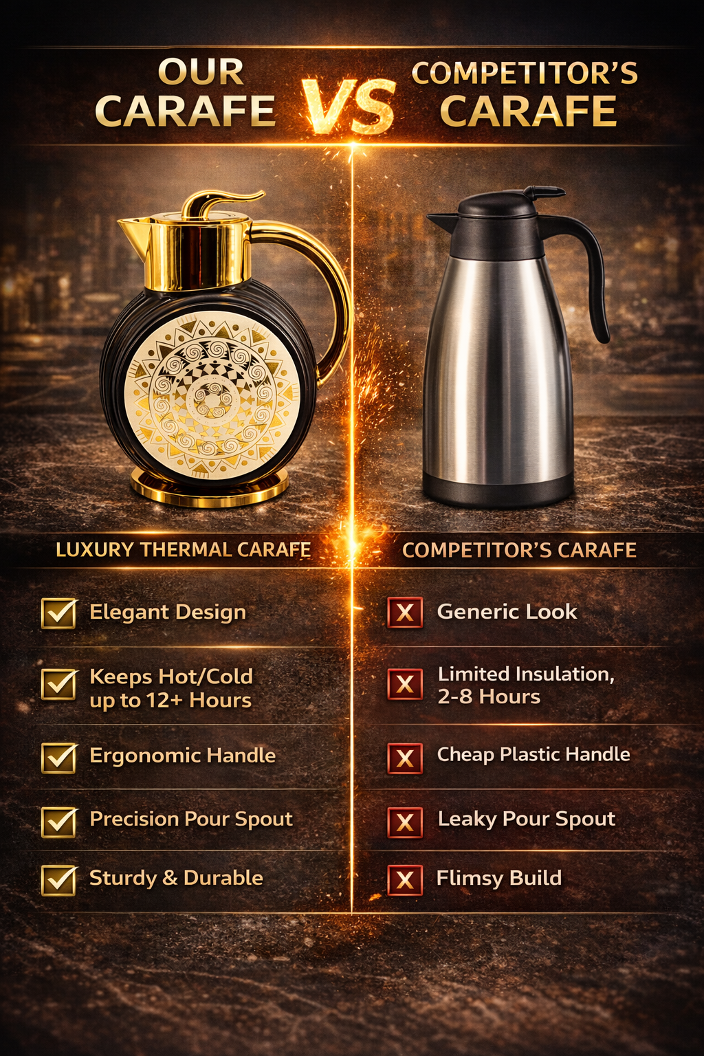 Majlis Mosaic Round Vacuum Jug Flask Black & Gold 1L