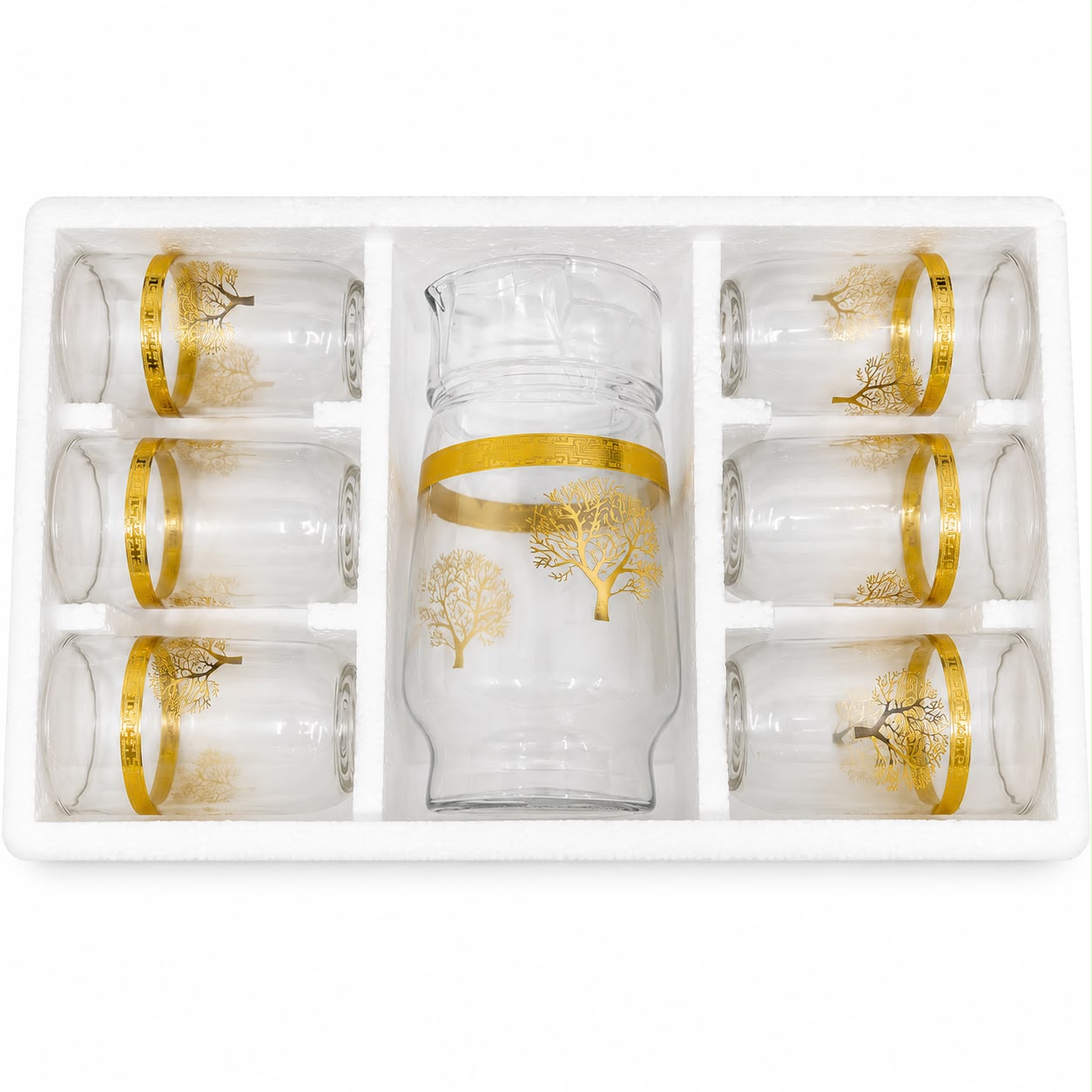 Decorative Glass Beverage Serving Set – 1  Pitcher with Lid & 6 Gold Tree Tumblers