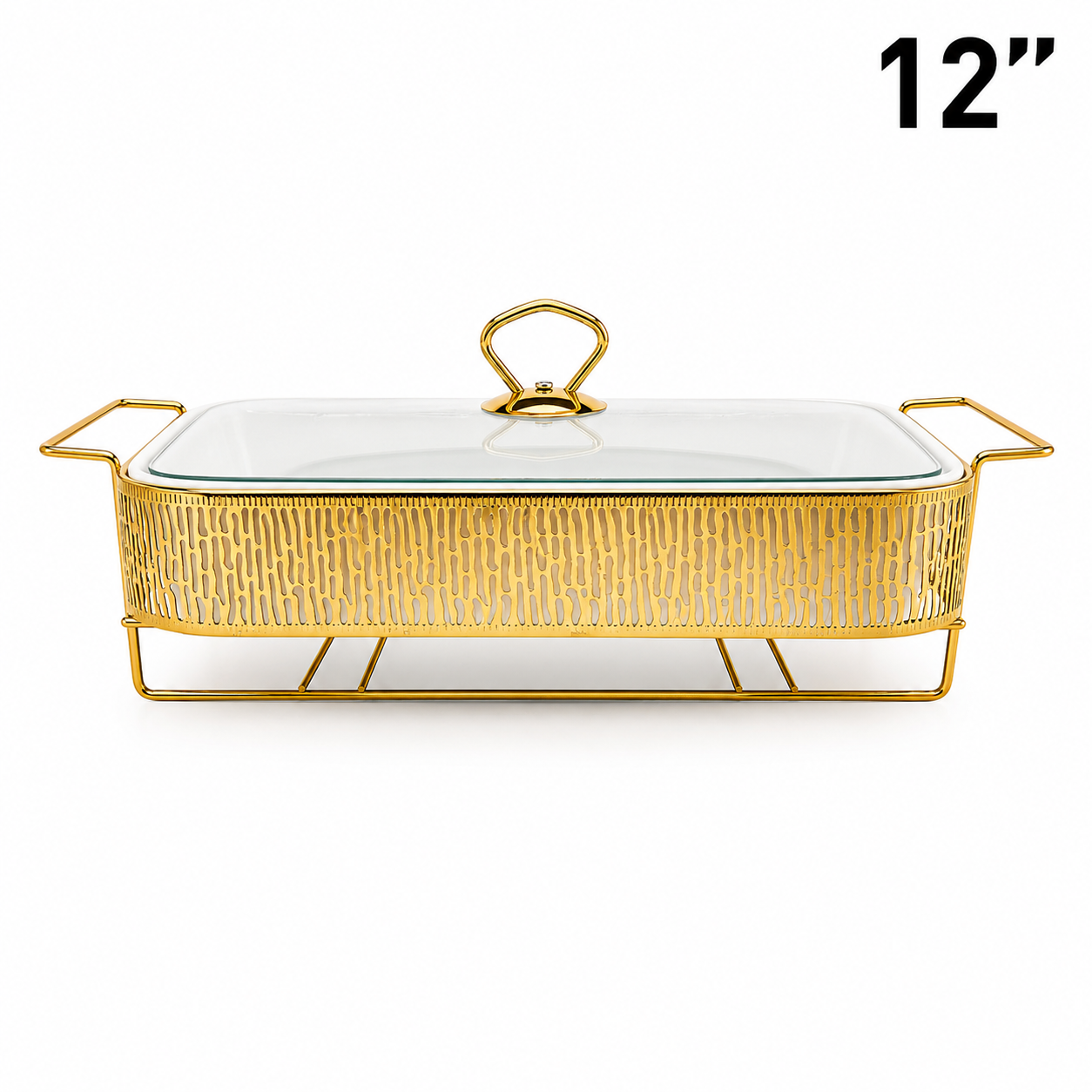Elegant Stripe Pattern Gold Rectangular Serving Dish with Glass Lid and Metal Stand - 12"