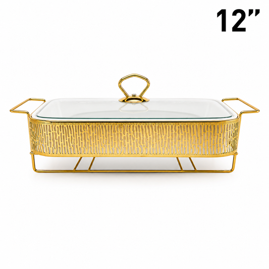 Elegant Stripe Pattern Gold Rectangular Serving Dish with Glass Lid and Metal Stand - 12"