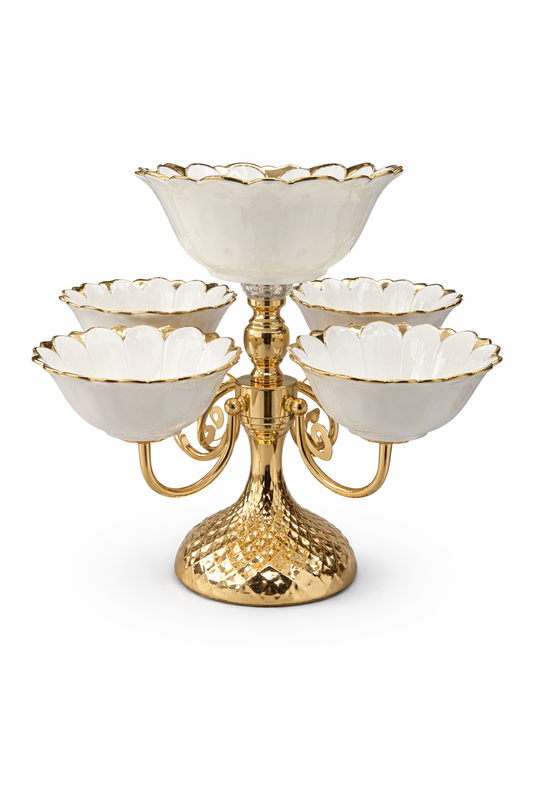 Luxury Gold 6-Bowl Tiered Dessert Stand with Floral Procelain Bowls
