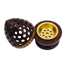 Honeycomb Pattern Incense Burner with Gold Inner Cup and Pierced Dome Lid - Dark Brown