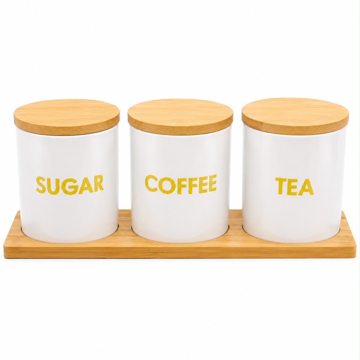 3-Piece Sugar, Coffee & Tea Canister Set with Bamboo Lids and Wooden Tray-White