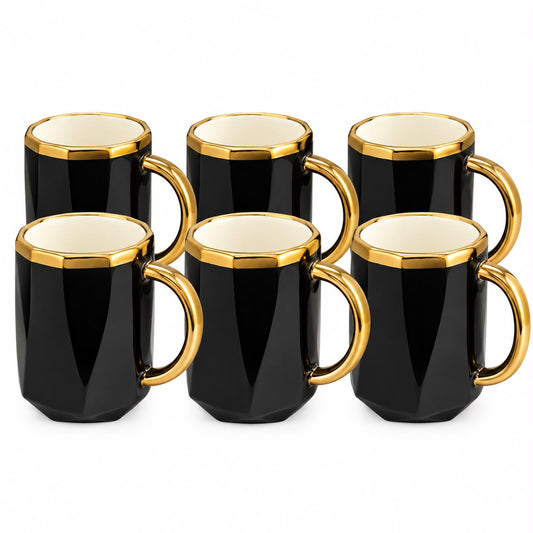 Elegant Black Geometric Mug Set with Statement Gold-Tone Handles & Rims – 6 Piece Set