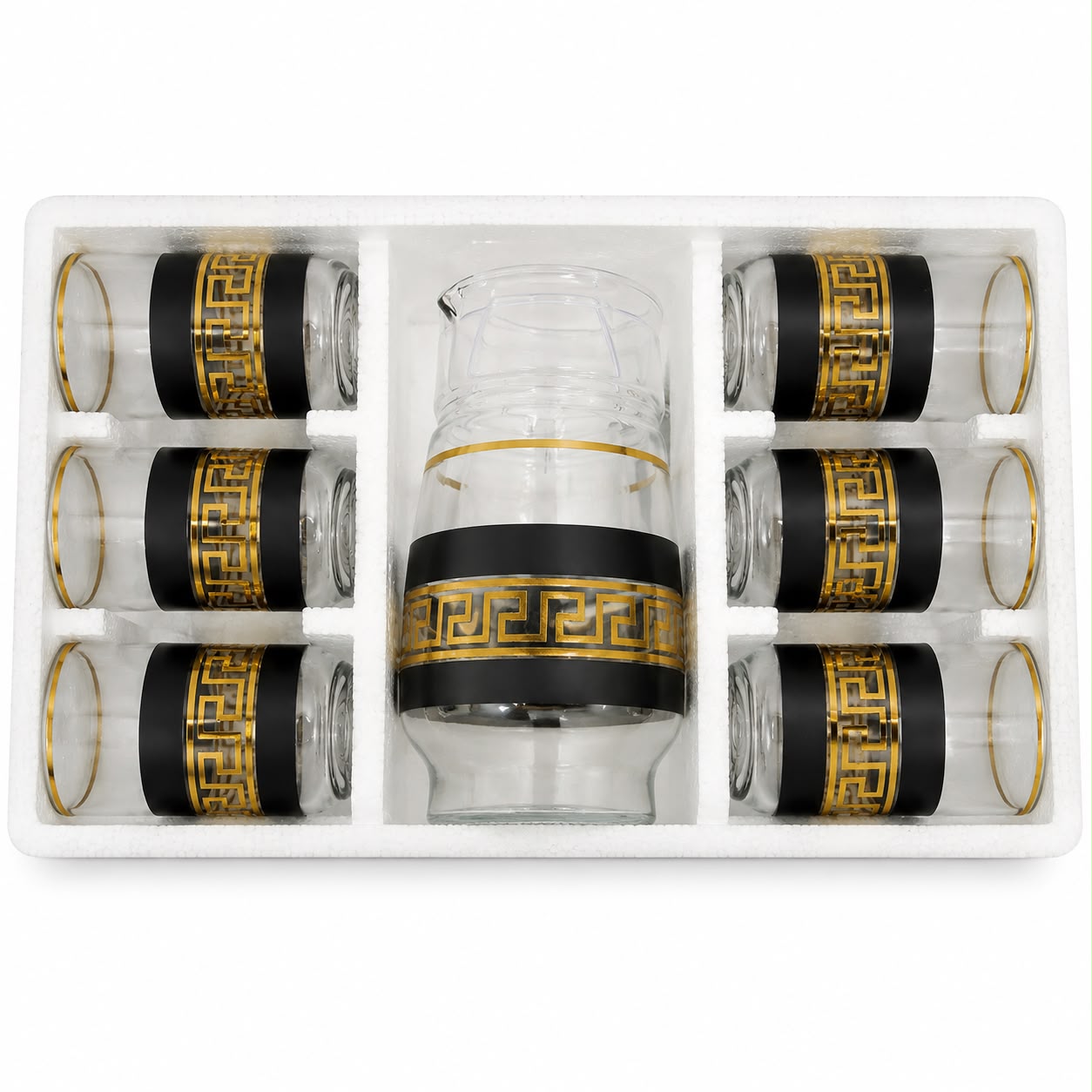 Modern Glass Beverage Set with Pitcher and 6 Drinking Glasses – Black & Gold Greek Key Collection