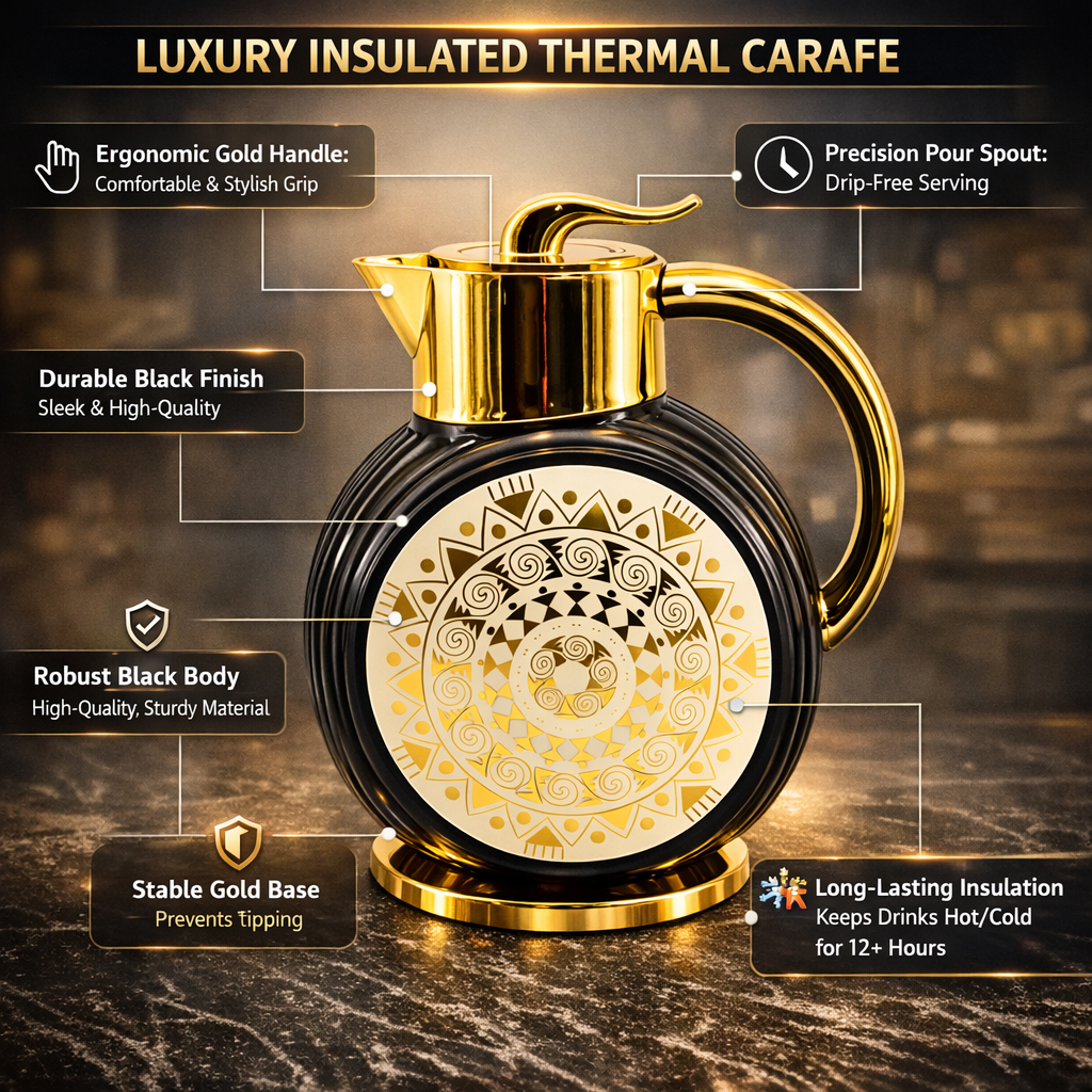 Majlis Mosaic Round Vacuum Jug Flask Black & Gold 1L