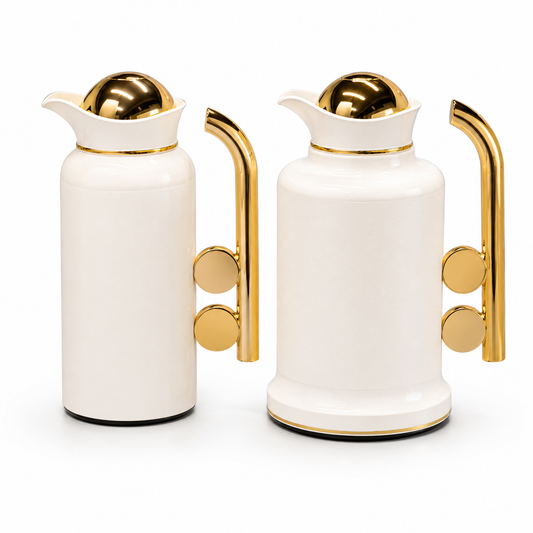 Modern Silver Vacuum Flask Set with Abstract Handle - White + Gold