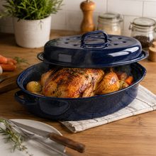 13" Oval Covered Roaster with Metal Grate - Navy Blue | Oven-Safe Non-Stick Bakeware