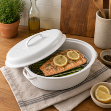15" Oval Covered Roaster with Metal Grate - Ivory| Oven-Safe Non-Stick Bakeware