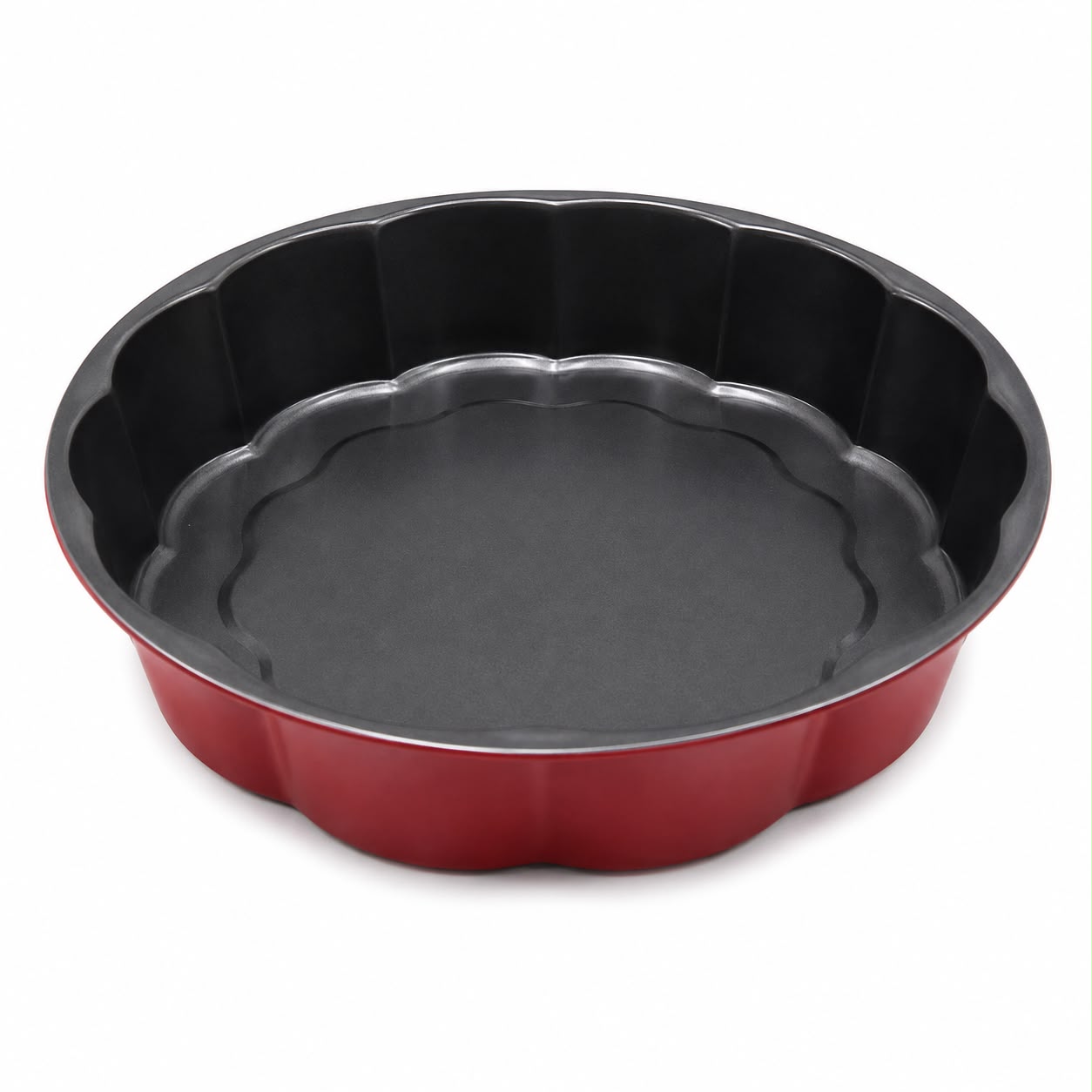 Round Fluted Cake & Baking Pan– Black Interior with Red Exterior, Decorative Scalloped Cake Mold L