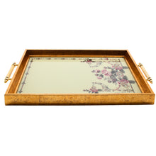 Vintage Floral Glass Serving Tray with Antique Gold Frame & Handles