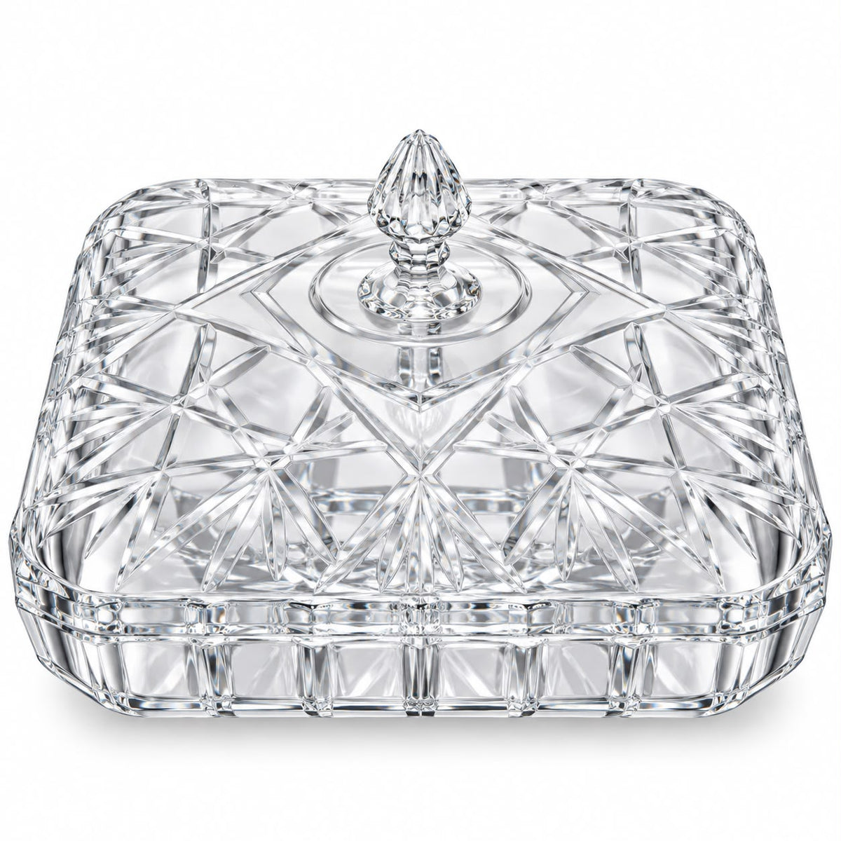 Elegant Clear Crystal-Style Covered Serving Dish with Lid – Decorative Geometric Cut Design, 11.75" Square