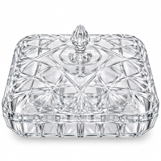 Elegant Clear Crystal-Style Covered Serving Dish with Lid – Decorative Geometric Cut Design, 11.75" Square