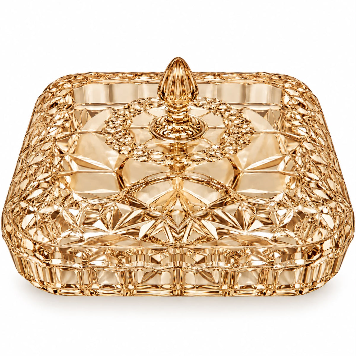 Elegant Light Amber Crystal-Style Square Covered Serving Dish with Decorative Lid – Large, 11.75 Inch