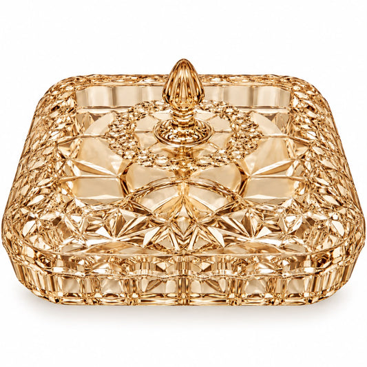 Elegant Light Amber Crystal-Style Square Covered Serving Dish with Decorative Lid – Large, 11.75 Inch
