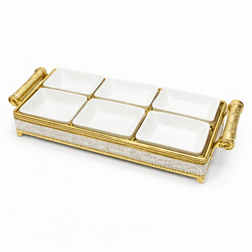 Luxury 6-Piece Ceramic Snack Bowl Set with Gold Serving Tray