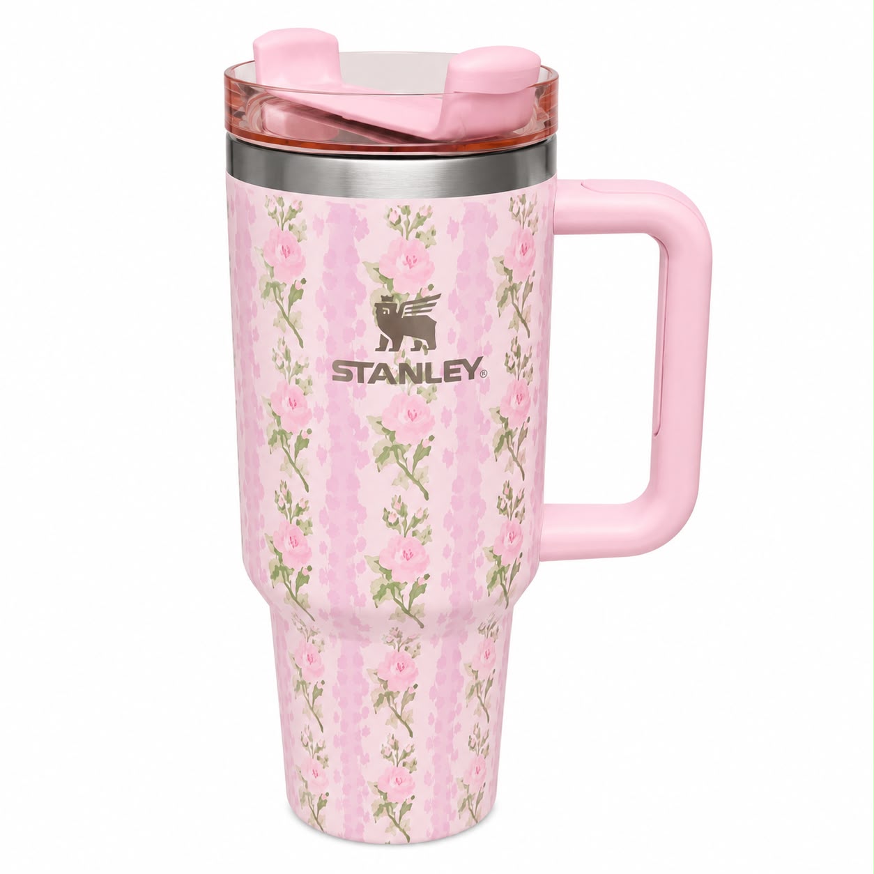 Stanley Quencher-Style Floral Travel Tumbler with Handle & Straw Lid – Pink Insulated Drink 40-OZ Cup