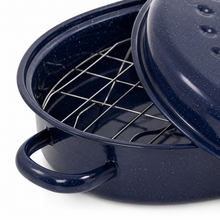 15" Oval Covered Roaster with Metal Grate - Navy Blue | Oven-Safe Non-Stick Bakeware