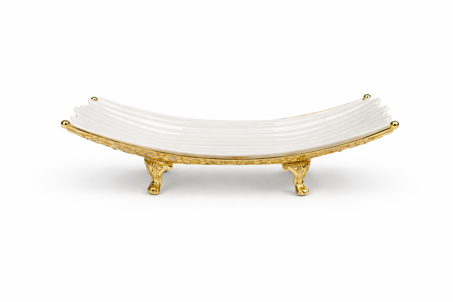 Elegant White Ceramic Centerpiece Bowl with Ornate Gold Stand 15''