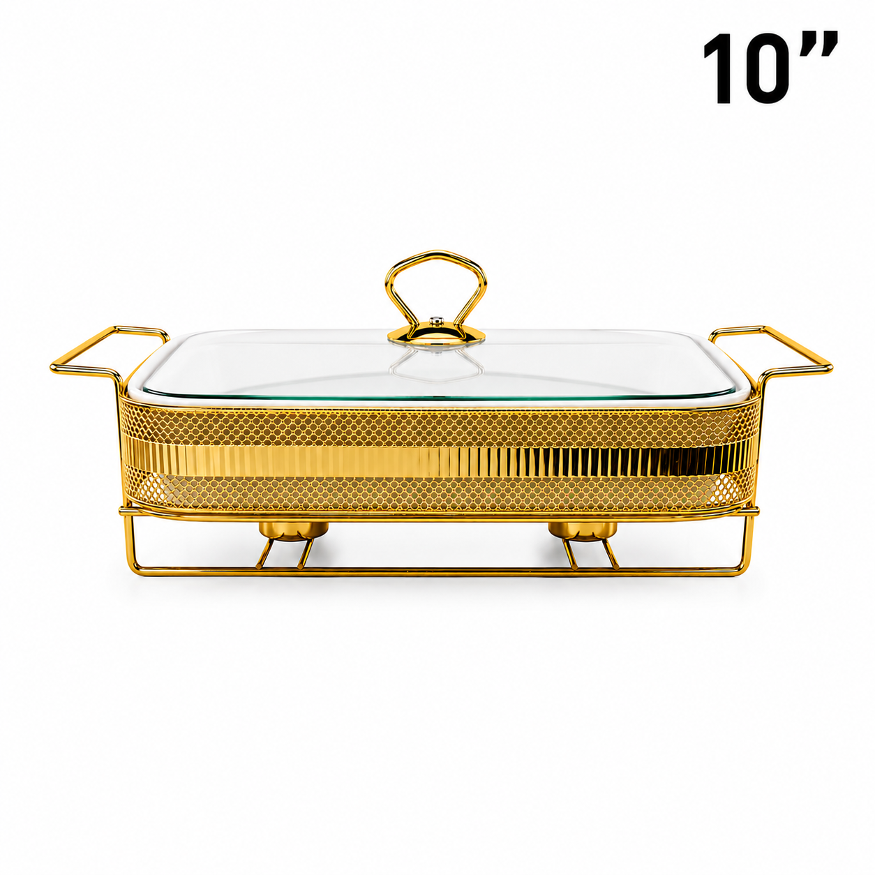 Elegant Geometric Pattern Gold Rectangular Serving Dish with Glass Lid and Metal Stand - 10"