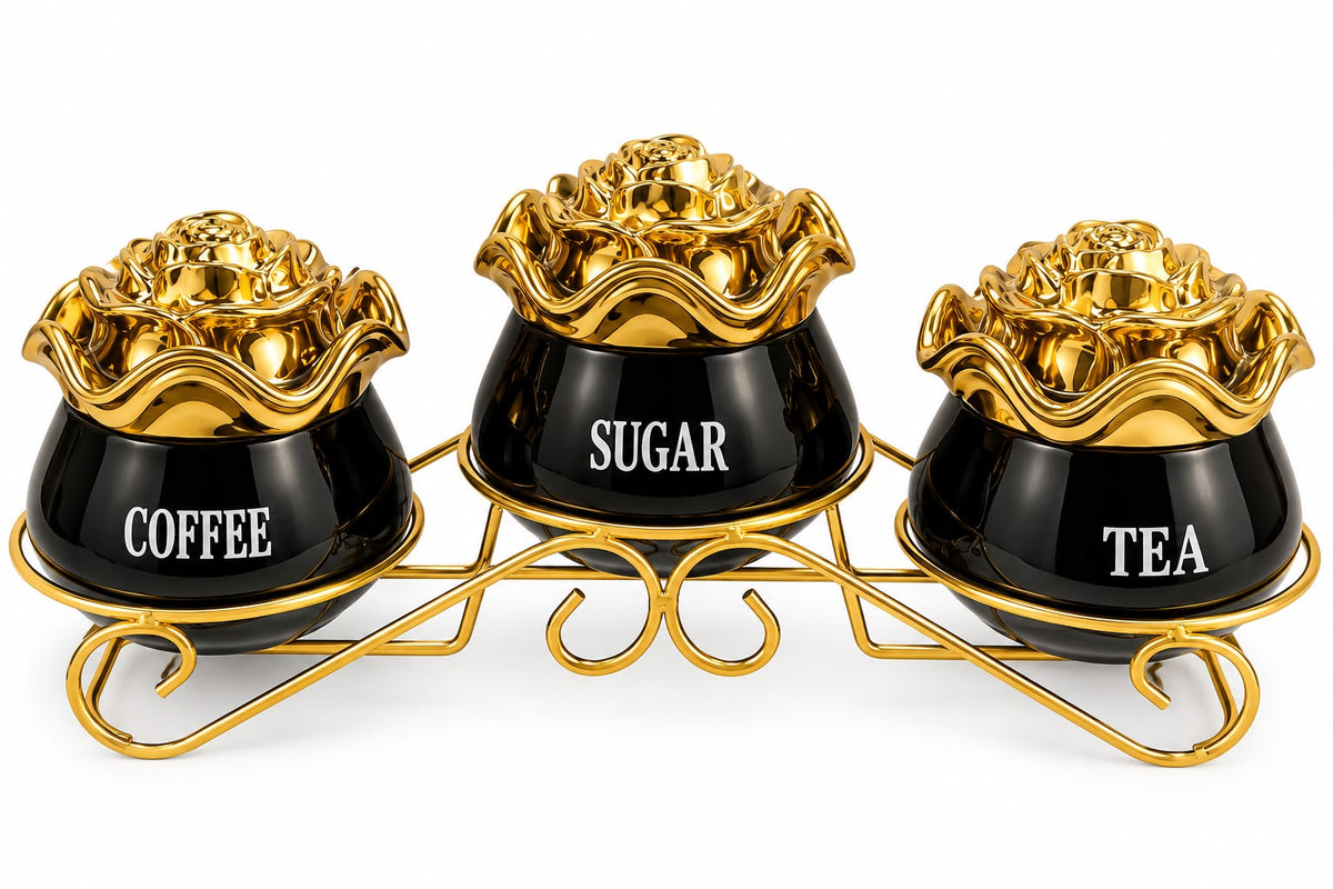 Luxury Black & Gold Coffee, Sugar & Tea Canister Set with Floral Lids & Metal Stand – 3 Piece
