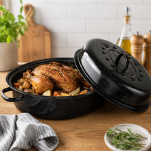 17" Oval Covered Roaster with Metal Grate - Black | Oven-Safe Non-Stick Bakeware