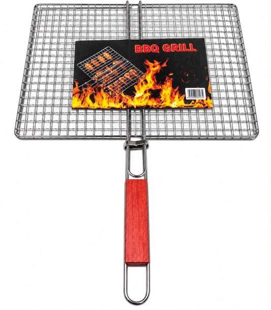 Extra-Large Rectangular BBQ Grill Basket with Long Wooden Handle – Wire Mesh Grilling Basket, 24.25" x 15.75"