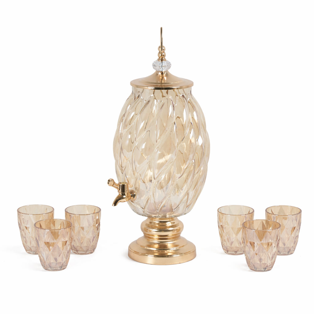 7-Piece Amber Glass Beverage Dispenser Set - 6L Drink Server