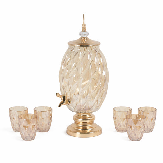 7-Piece Amber Glass Beverage Dispenser Set - 6L Drink Server