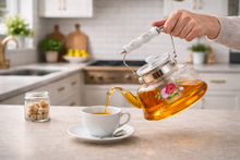 Floral Glass Tea Kettle with Ceramic Handle & Stainless Steel Infuser - 1400ml