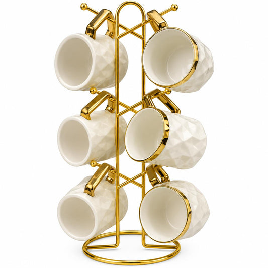 6-Piece White & Gold Textured Coffee Mug Set with Gold Hanging Display Rack