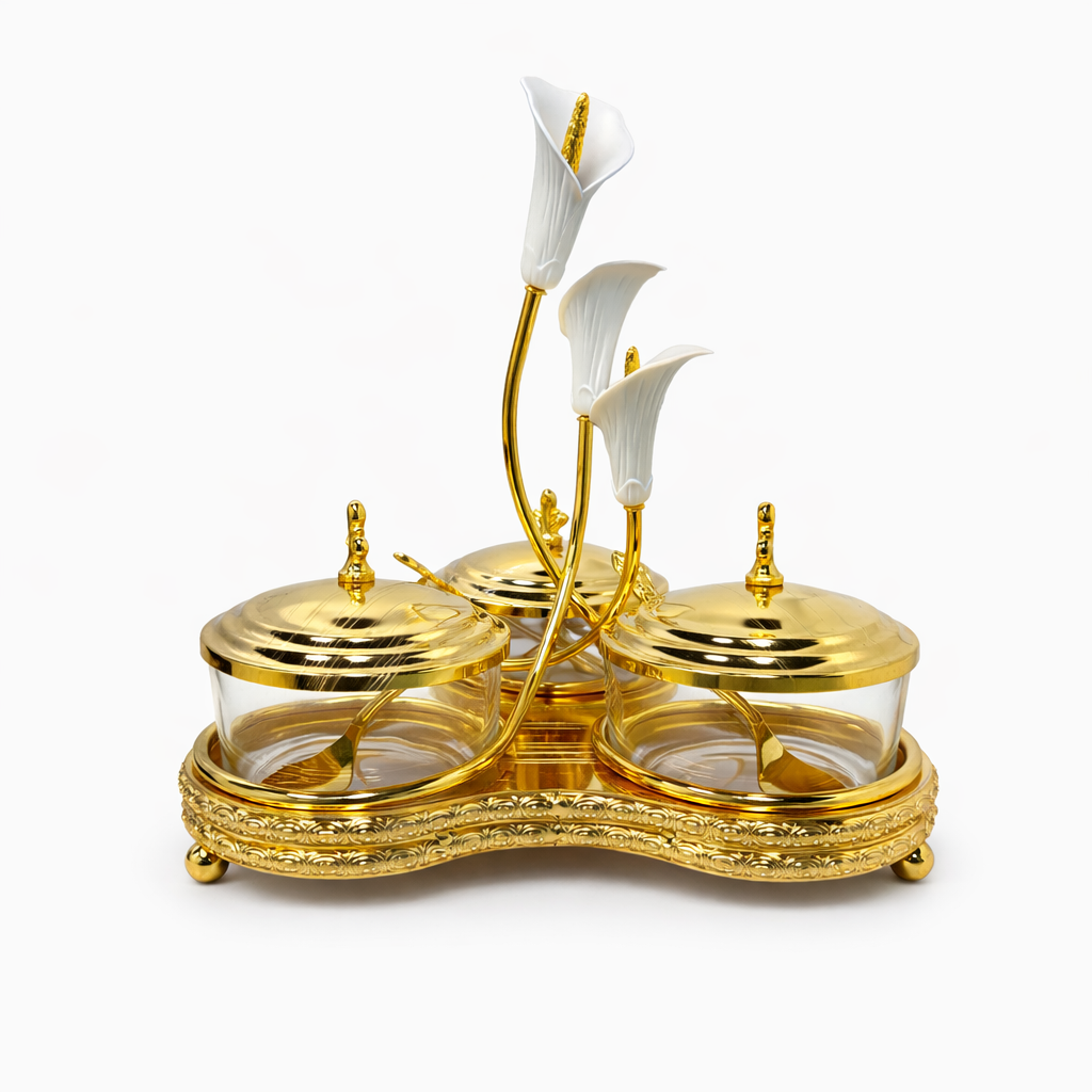 Ornate Gold Condiment Server Set with Glass Bowls & Floral Stand