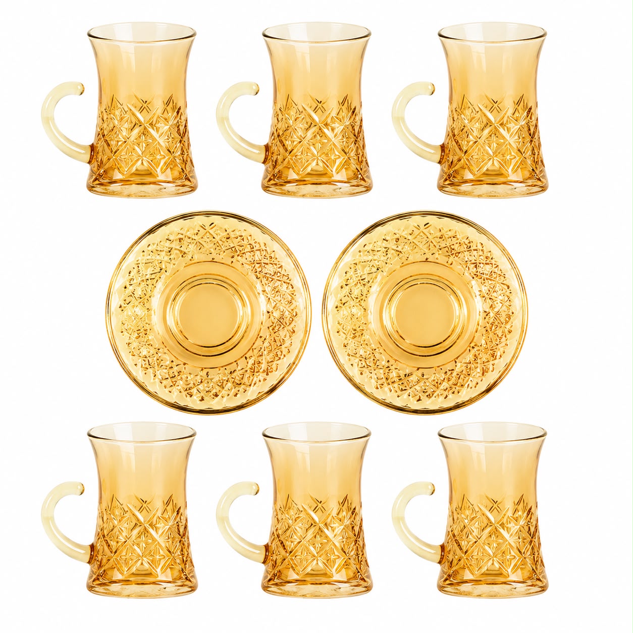 Elegant Amber Glass Turkish Tea Set – 6 Decorative Tea Cups with Matching Saucers 120 ML