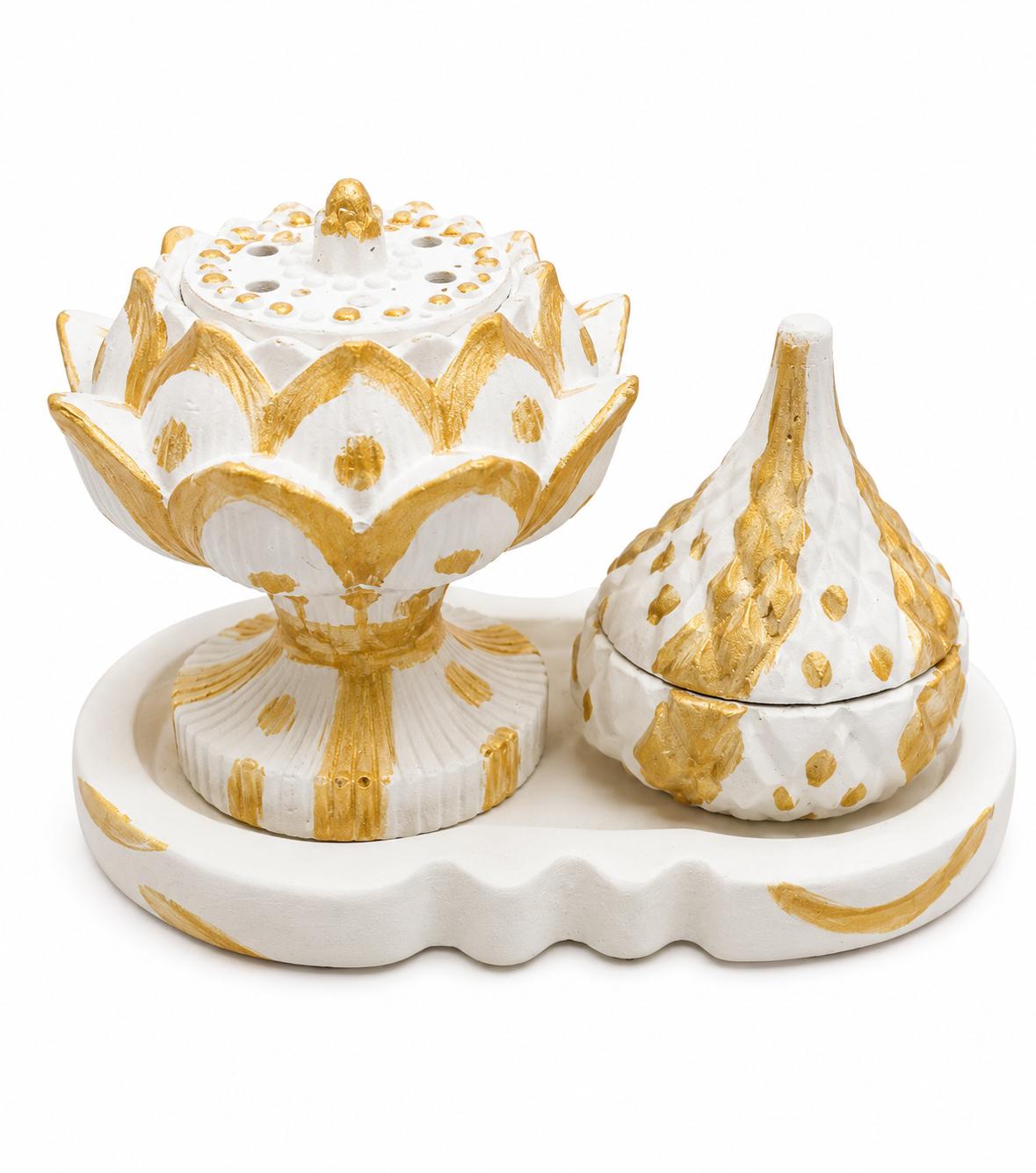 Traditional Sananni Clay Incense Burner with Bakhoor Holder White and Gold