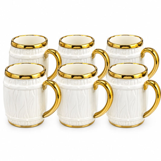 Classic Embossed Cream & Gold Mug Set – 6-Piece Coffee & Tea Cups with Polished Gold-Tone Handles