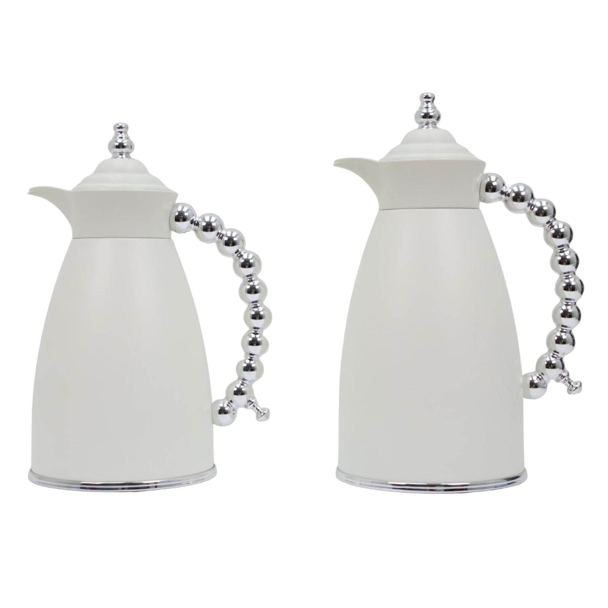 White Arabic Coffee & Tea Dallah Set with Silver Beaded Handle - 0.7L & 1L (2-Piece Set)