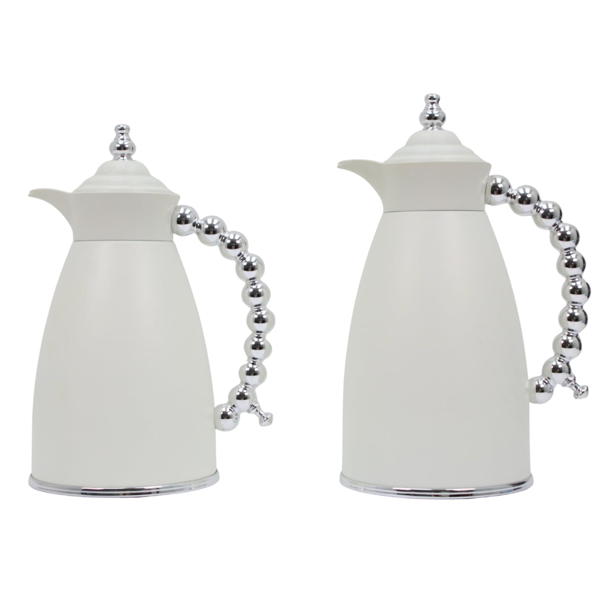 White Arabic Coffee & Tea Dallah Set with Silver Beaded Handle - 0.7L & 1L (2-Piece Set)