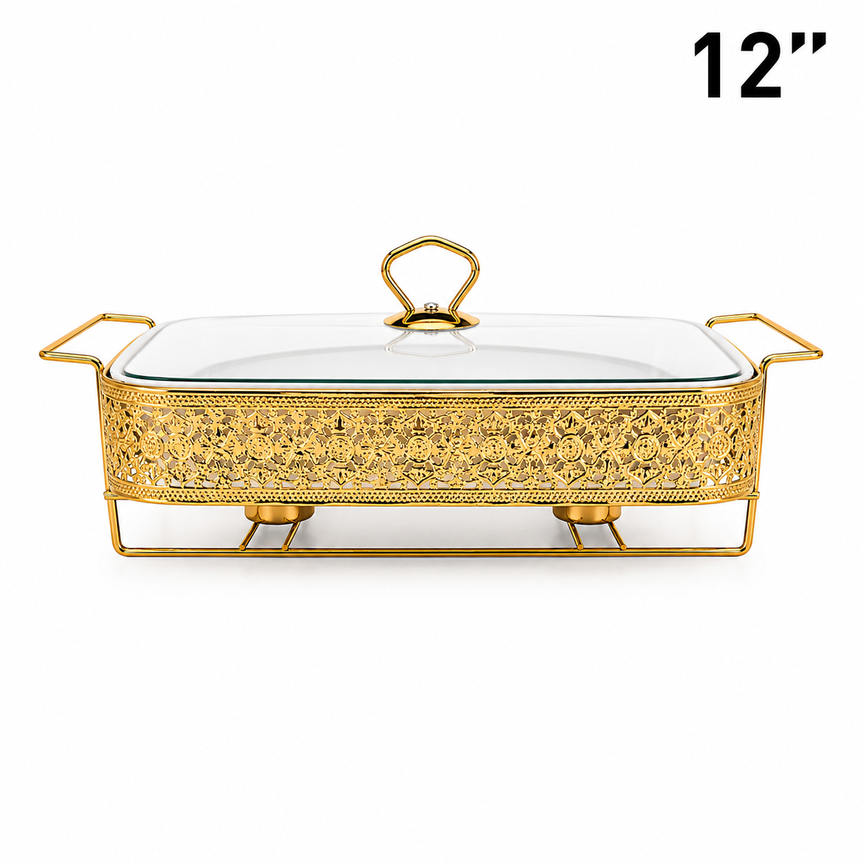 Elegant Floral Pattern Gold Rectangular Serving Dish with Glass Lid and Metal Stand - 12"