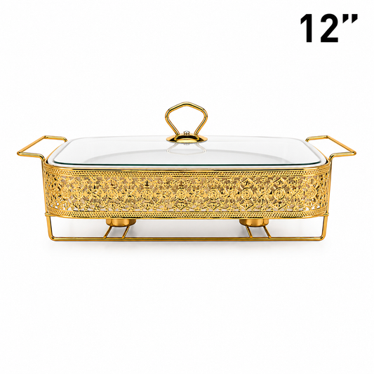 Elegant Floral Pattern Gold Rectangular Serving Dish with Glass Lid and Metal Stand - 12"